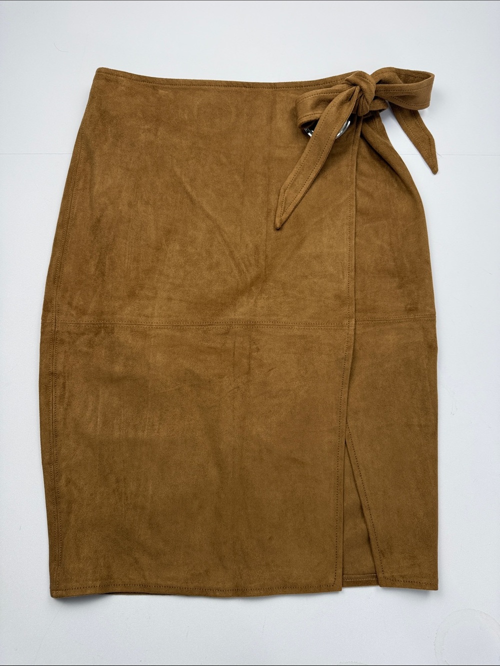 Express Brown Faux Suede Wrap Pencil Skirt Tie Waist Western Boho Size 8 - Picture 2 of 7